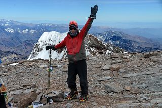 44 Jerome Ryan With The Aconcagua Summit 6962m Cross And Aconcagua South Summit Behind